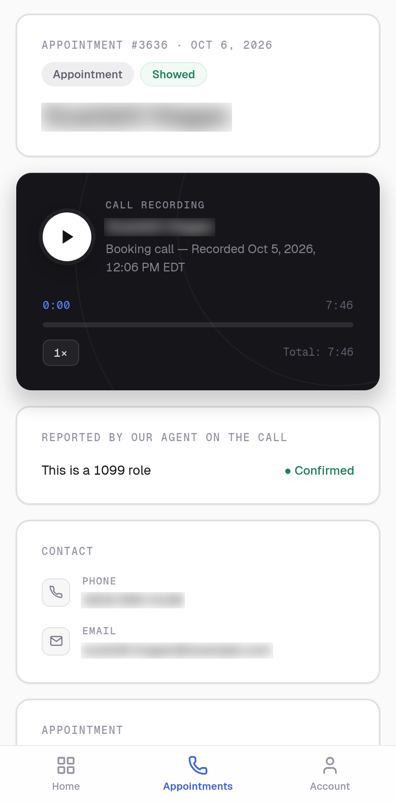 One appointment in the client portal on a phone: its status, the call recording with its player, and what our agent reported on the call.